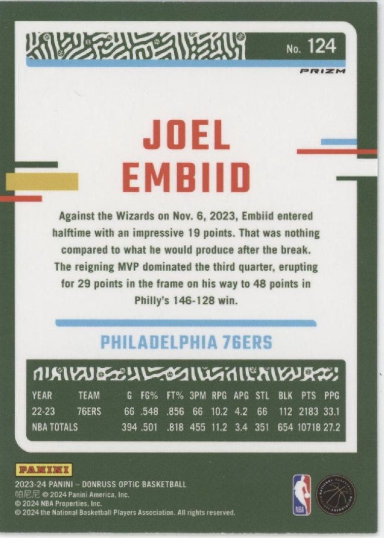 Joel Embiid 2023 - 24 Panini Donruss Optic Purple Shimmer Prizm #124 - Collector Store LLC