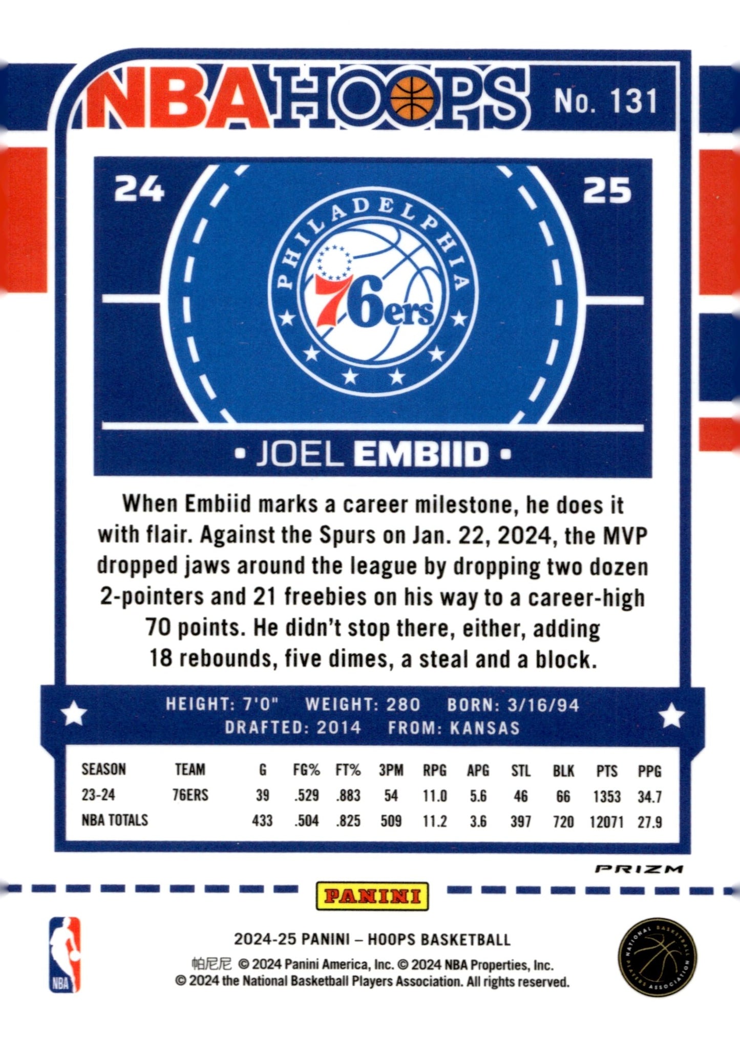 Joel Embiid 2024 - 25 Panini Hoops Prizm #131 - Collector Store LLC