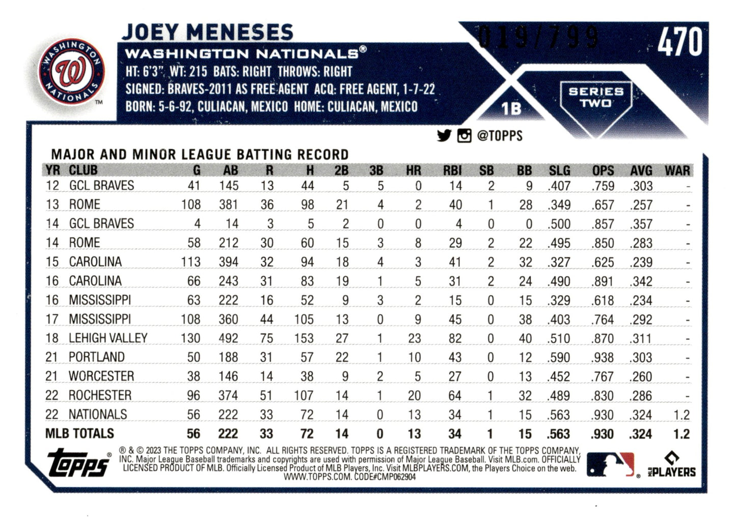 Joey Meneses 2023 Topps Series 2 Purple Foil RC 019/799 #470 - Collector Store LLC