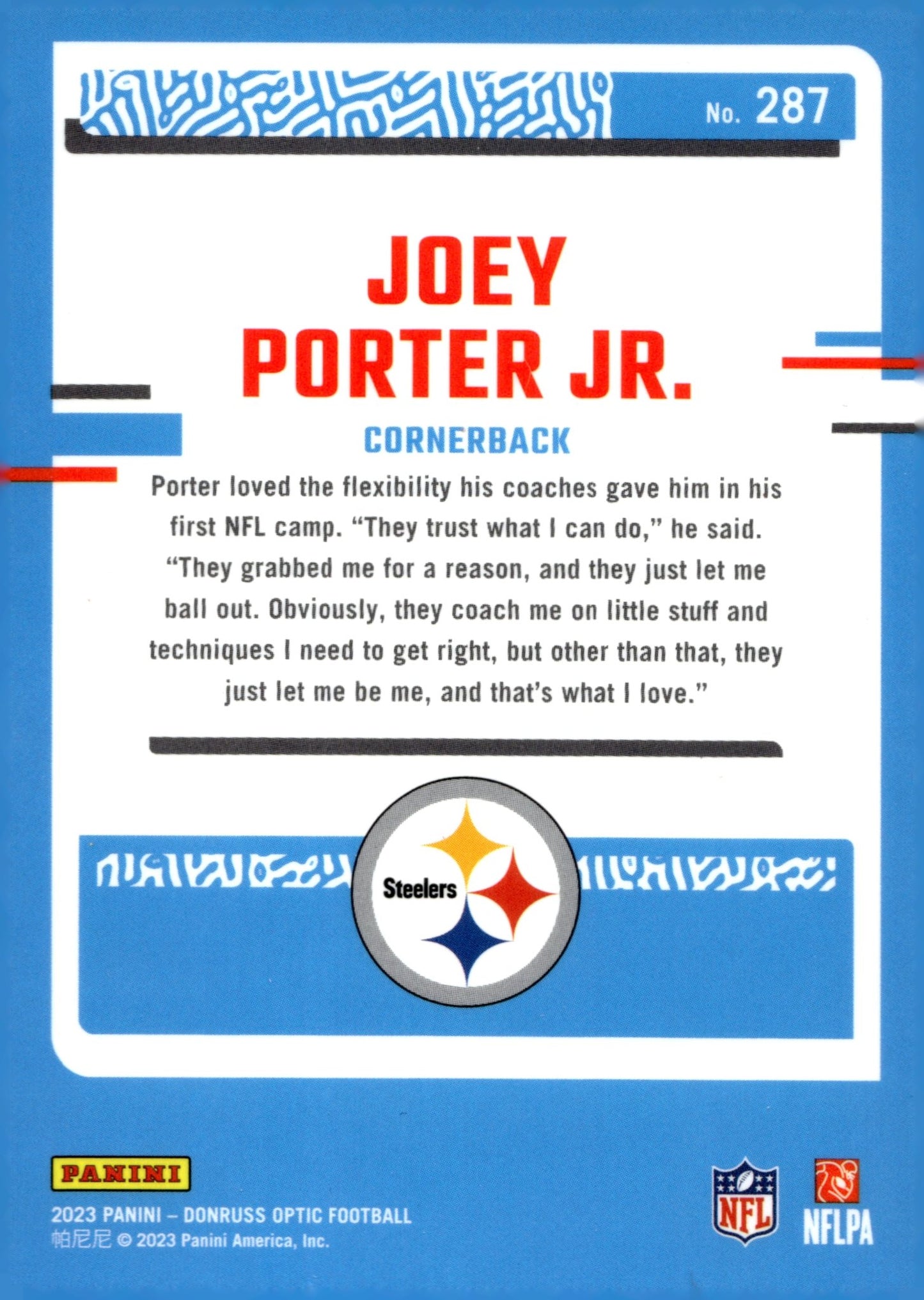Joey Porter Jr. 2023 Panini Donruss Optic Rated Rookie RC #287 - Collector Store LLC