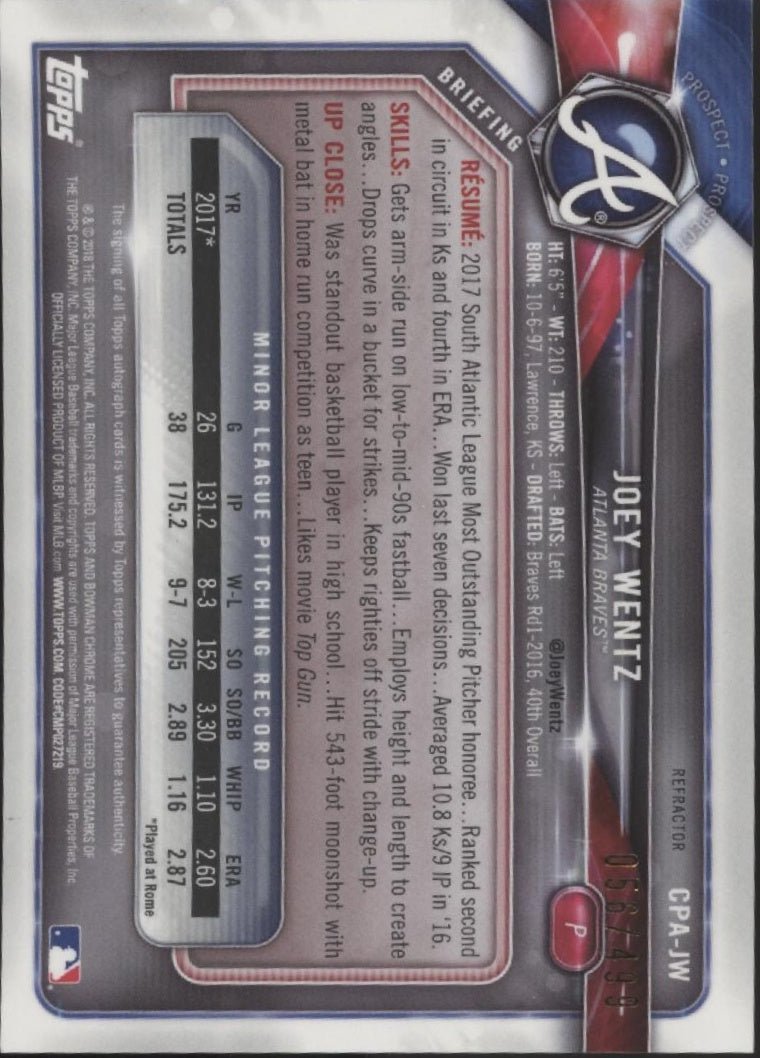 Joey Wentz 2018 Bowman Chrome Prospect Refractor Auto 056/499 CPA - JW - Collector Store LLC