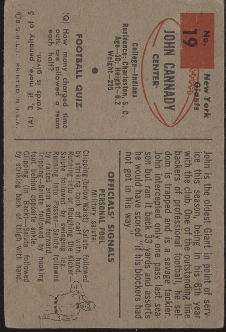 John Cannady 1954 Bowman #19 New York Giants EX - Collector Store LLC