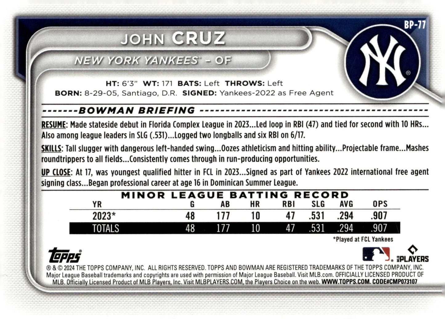 John Cruz 2024 Bowman Blue Pattern 125/125 BP - 77 - Collector Store LLC