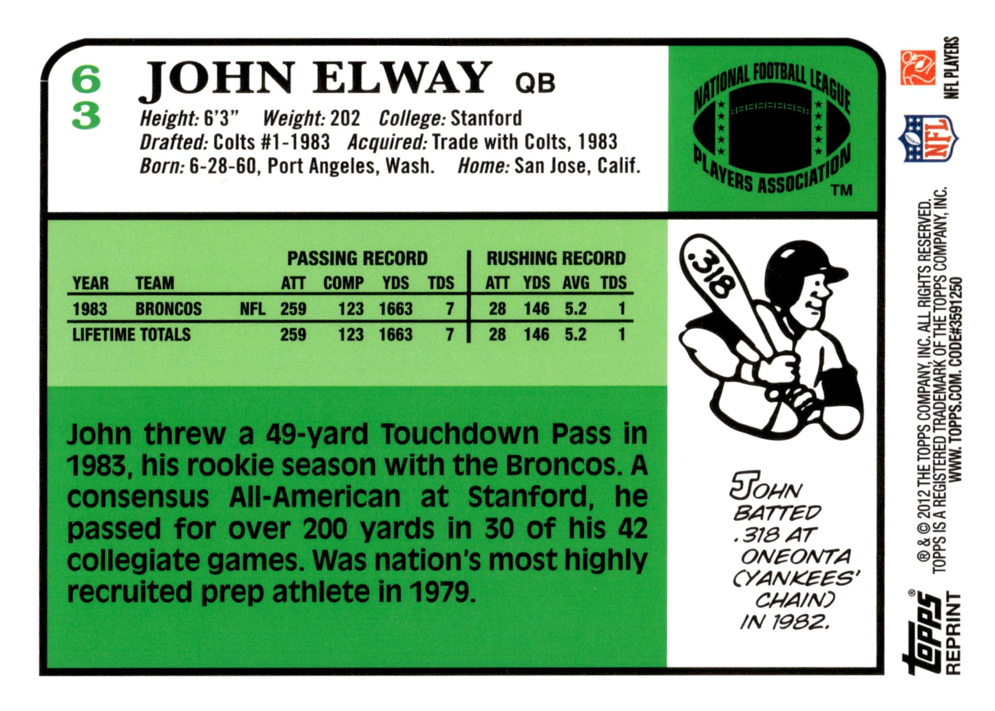 John Elway 2012 Topps Reprint #63 - Collector Store LLC
