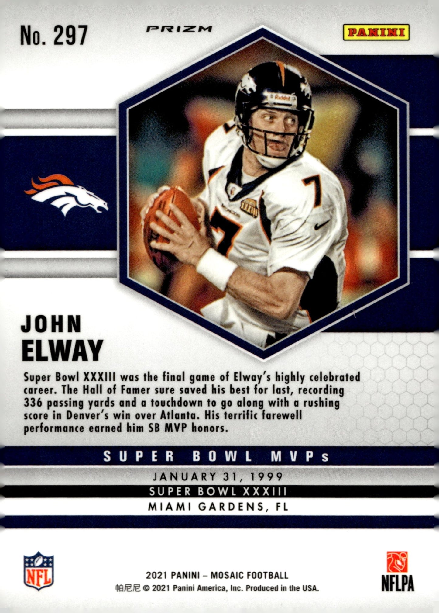 John Elway 2024 Panini Mosaic Super Bowl MVPs Pink Camo Prizm #297 - Collector Store LLC