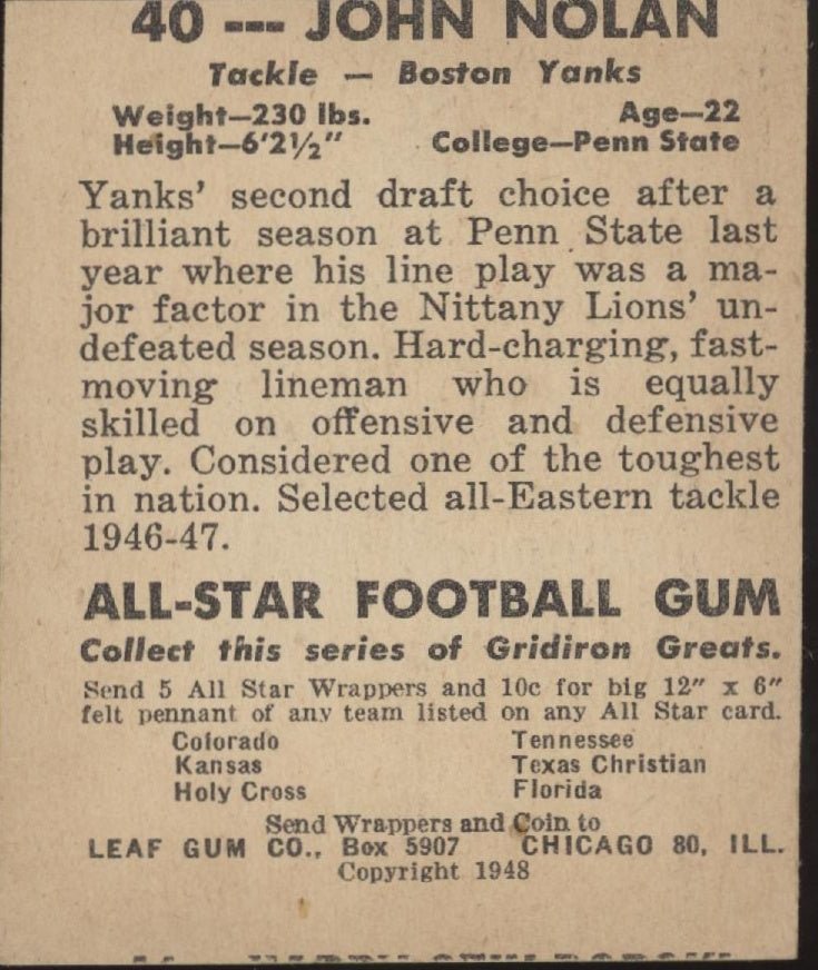 John Nolan 1948 Leaf #40 Boston Yanks VG - EX - Collector Store LLC