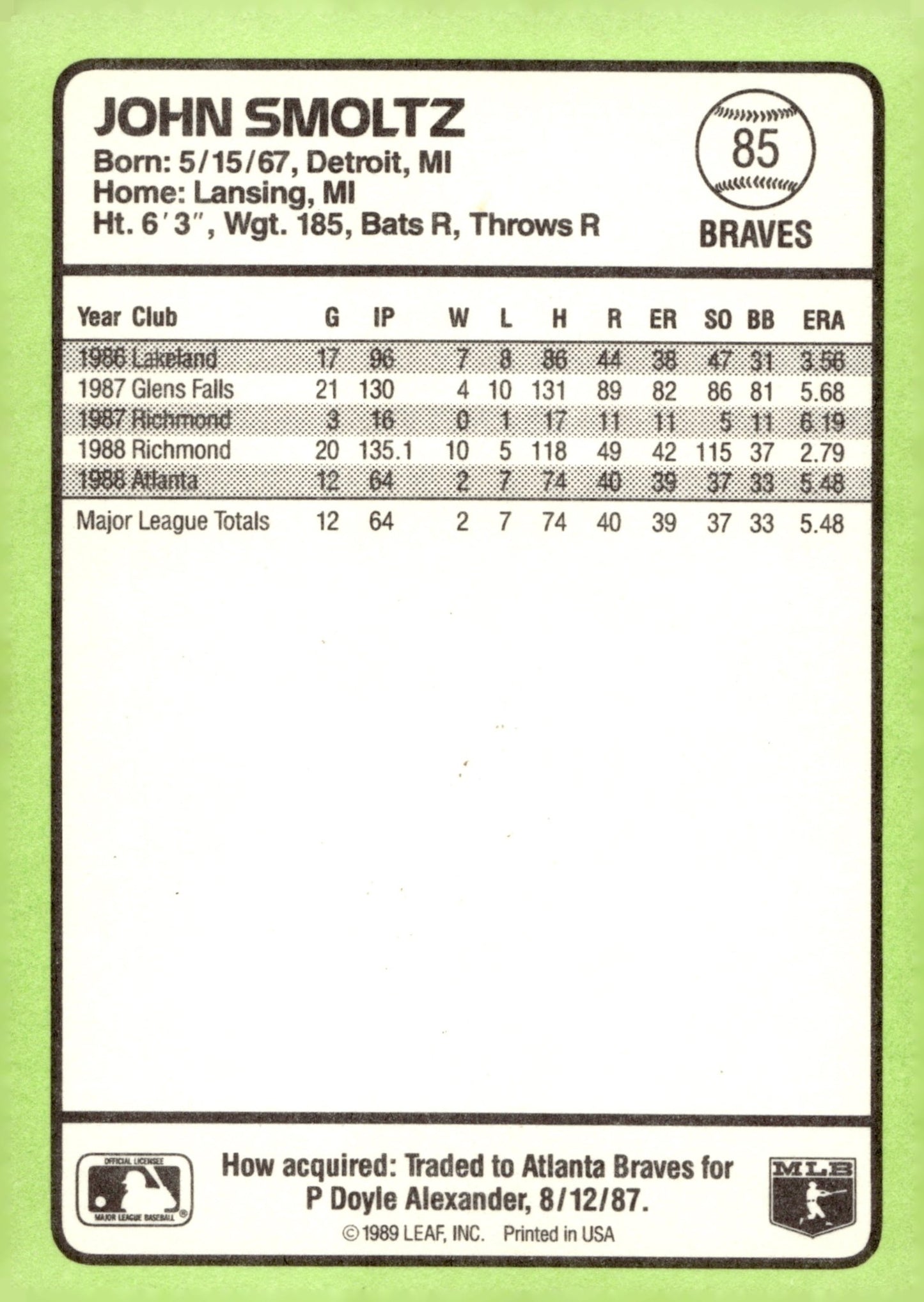 John Smoltz 1989 Donruss RC #85 - Collector Store LLC