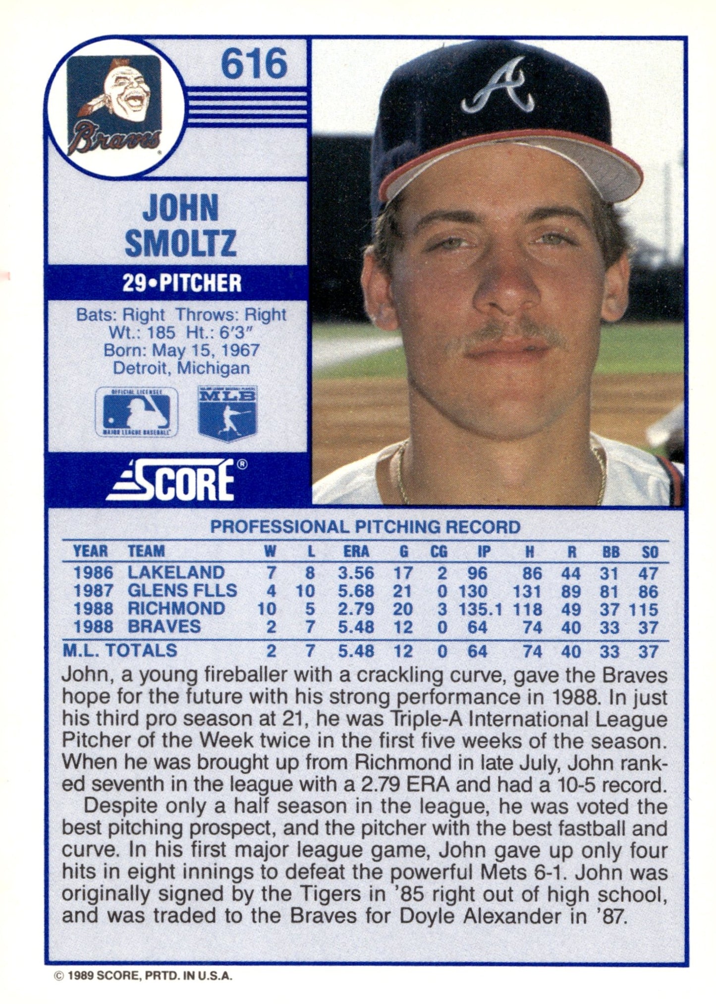 John Smoltz 1989 Score 616 - Collector Store LLC