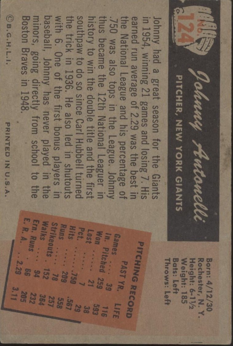 Johnny Antonelli 1955 Bowman #124 New York Giants VG #2 - Collector Store LLC