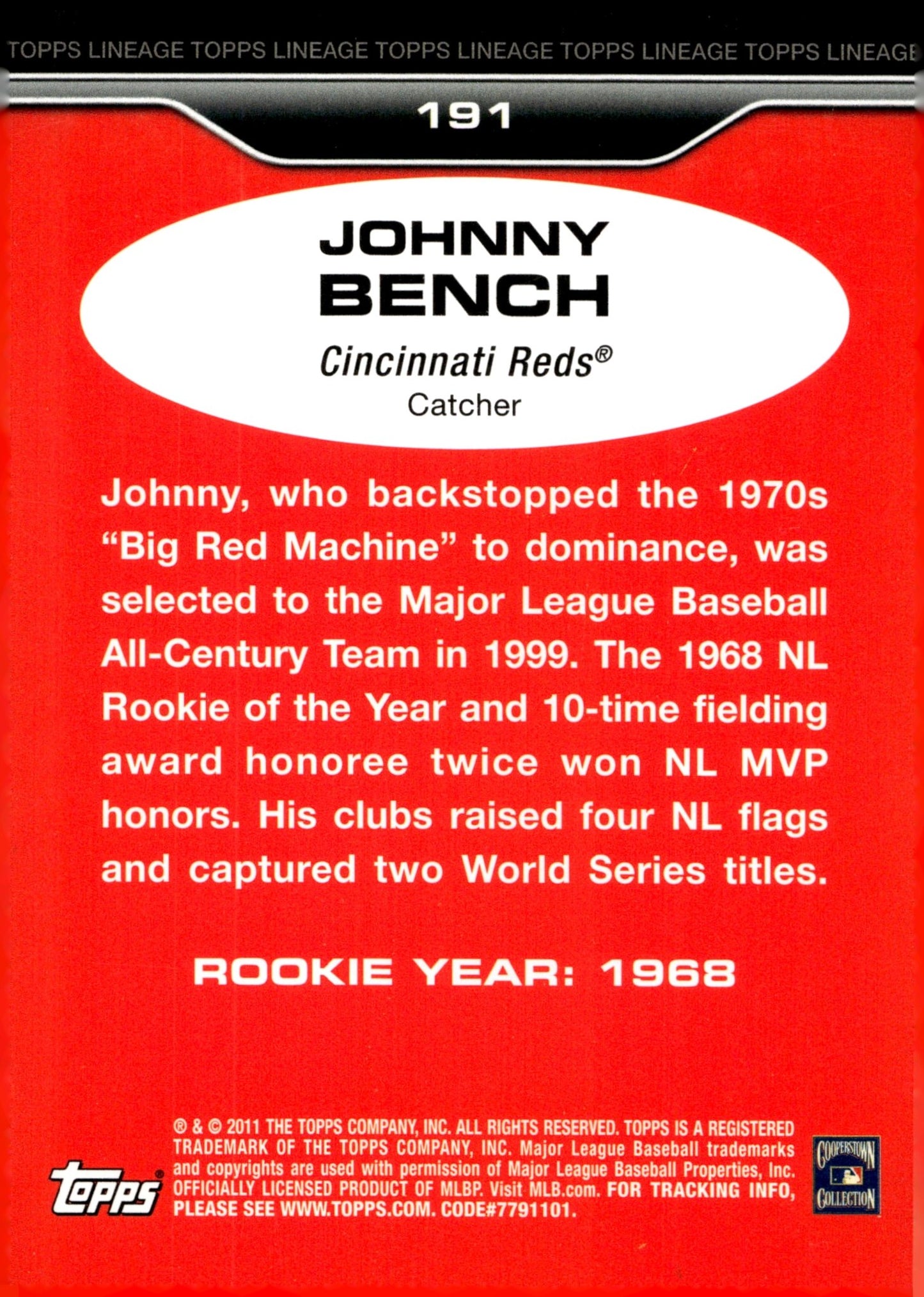Johnny Bench 2011 Topps Lineage 191 - Collector Store LLC
