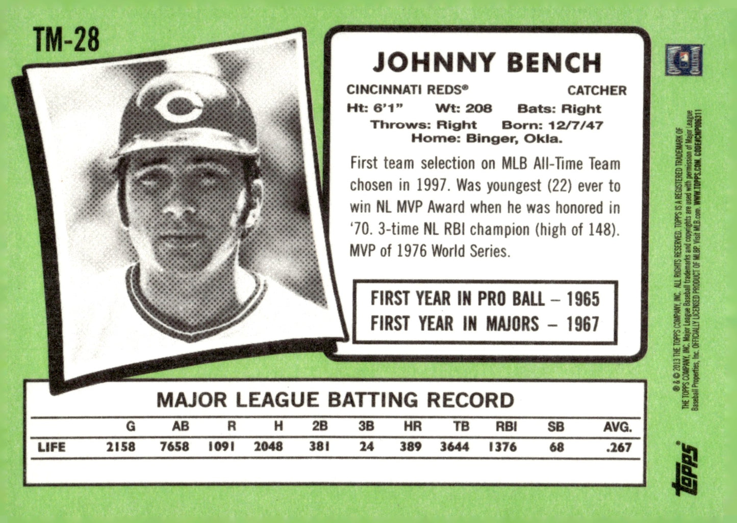 Johnny Bench 2013 Topps Update Series Mini Reprint TM - 28 - Collector Store LLC