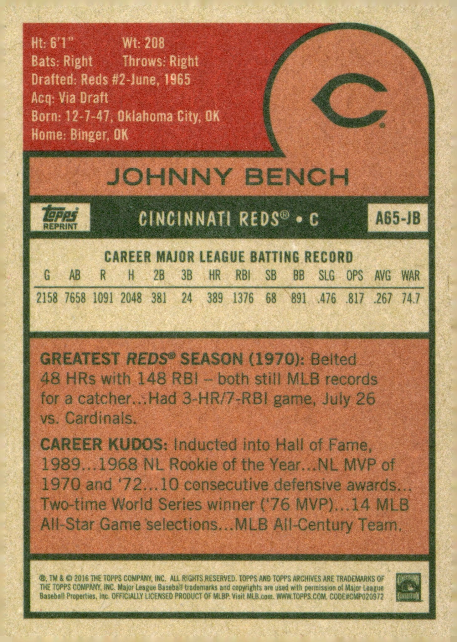 Johnny Bench 2016 Topps Archives Reprint A65 - JB 1 - Collector Store LLC