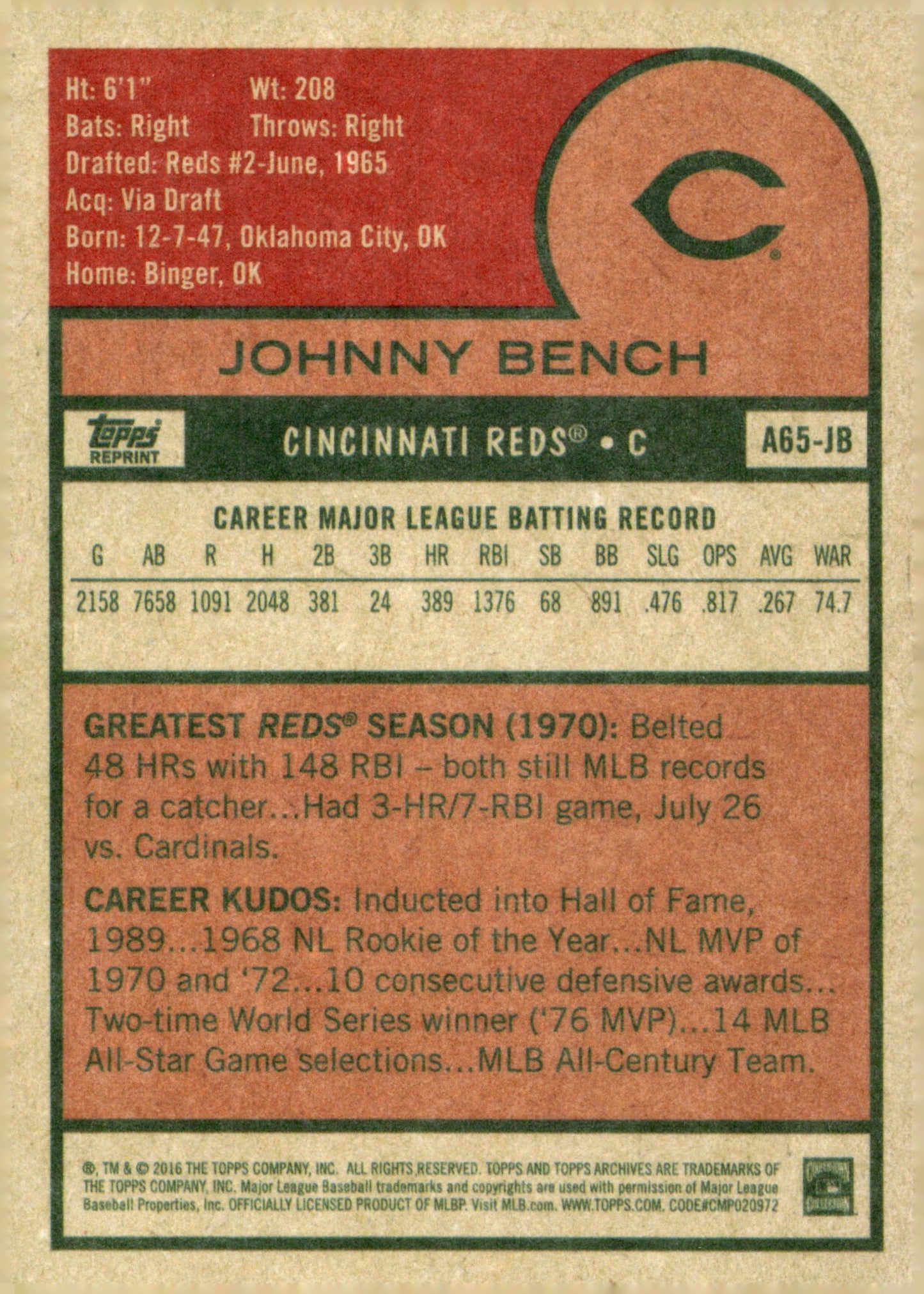 Johnny Bench 2016 Topps Archives Reprint A65 - JB 2 - Collector Store LLC