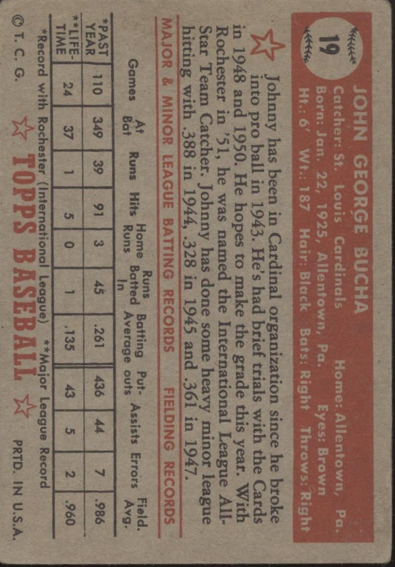 Johnny Bucha 1952 Topps RC #19 St. Louis Cardinals VG - Collector Store LLC
