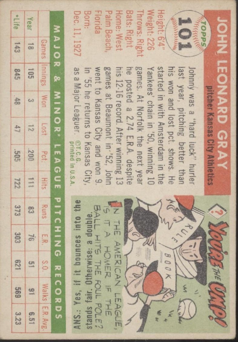 Johnny Gray 1955 Topps RC #101 Kansas City Athletics VG - EX - Collector Store LLC