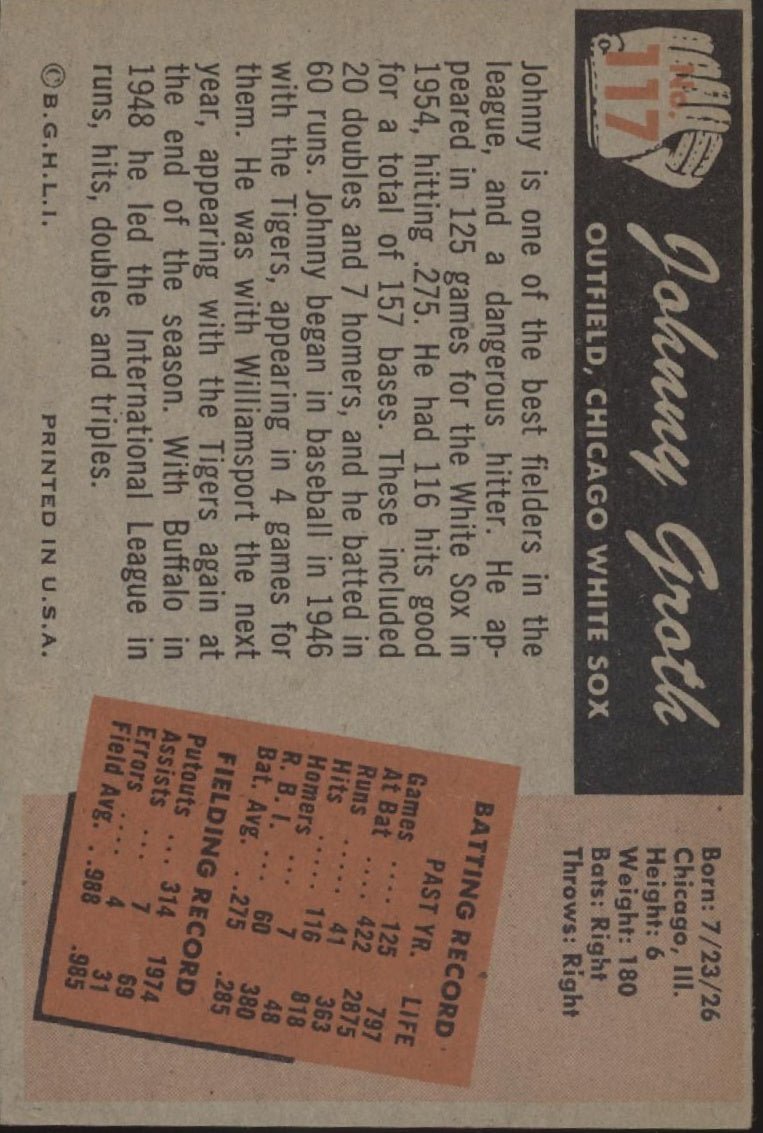 Johnny Groth 1955 Bowman #117 Chicago White Sox EX - Collector Store LLC