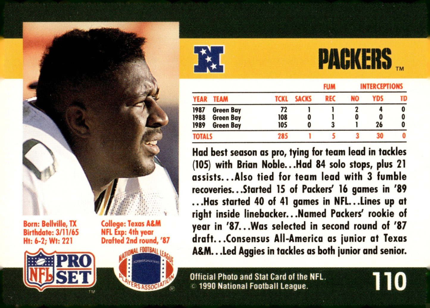 Johnny Holland 1990 Pro Set #110 - Collector Store LLC