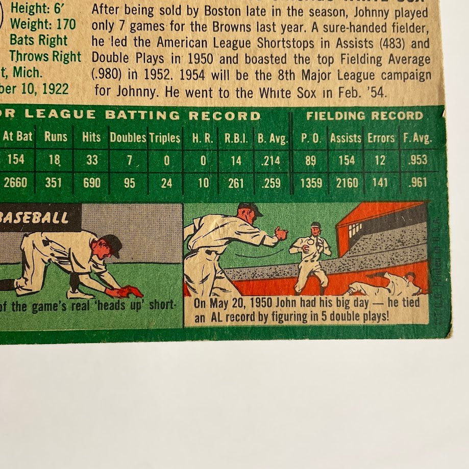 Johnny Lipon 1954 Topps 19 Baltimore Orioles VG - EX 3 - Collector Store LLC