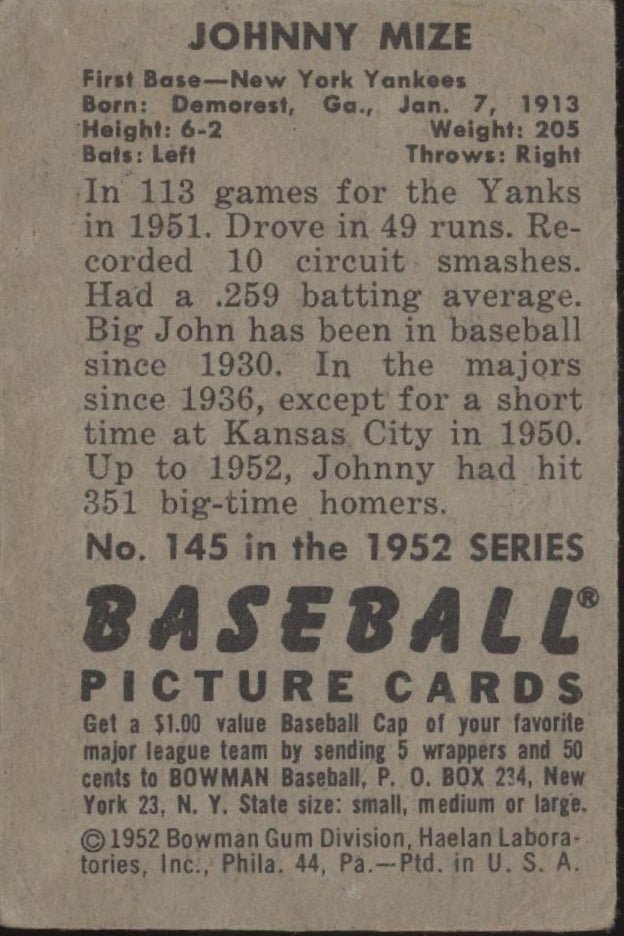 Johnny Mize 1952 Bowman 145 New York Yankees VG - Collector Store LLC