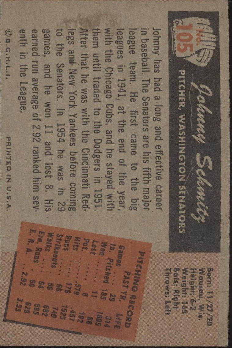 Johnny Schmitz 1955 Bowman #105 Washington Senators VG - EX - Collector Store LLC