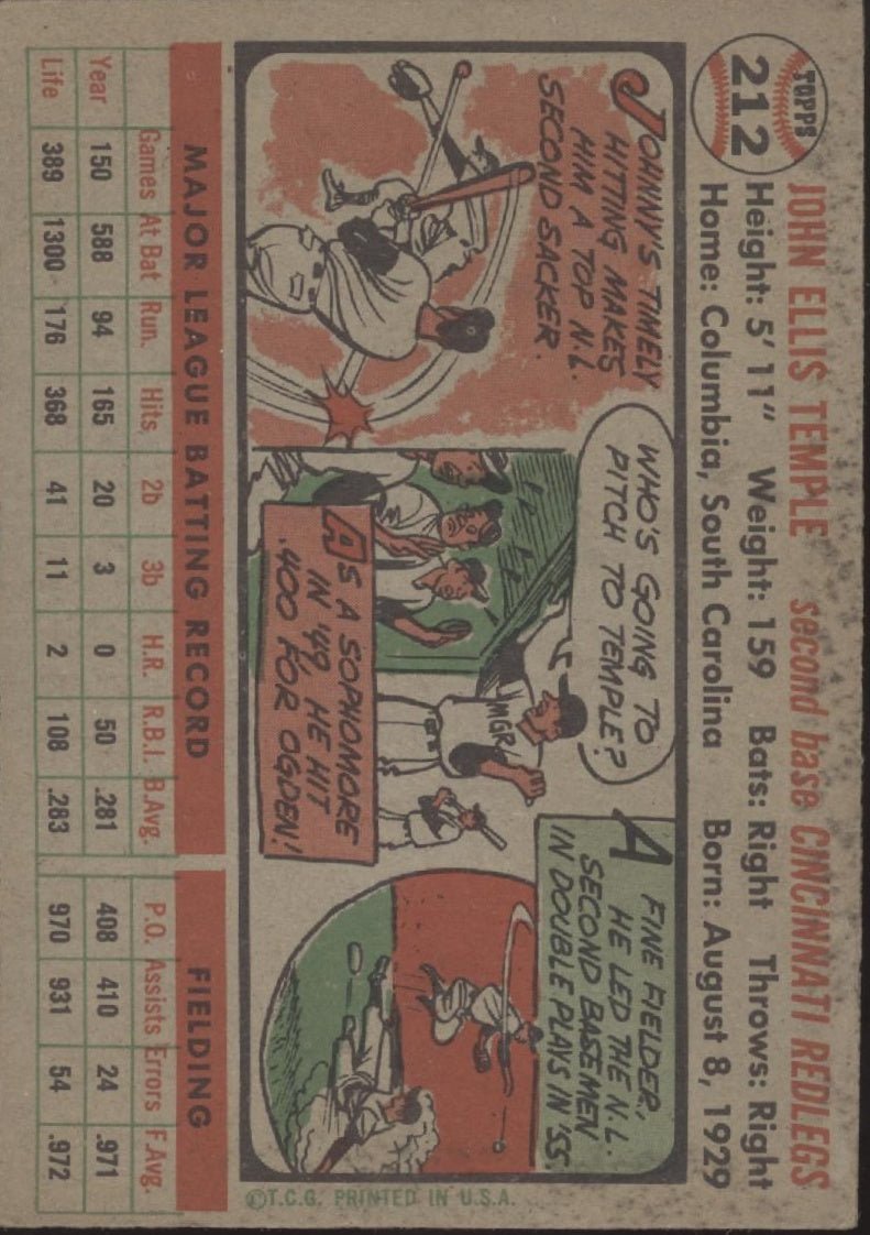 Johnny Temple 1956 Topps #212 Cincinnati Redlegs EX #2 - Collector Store LLC