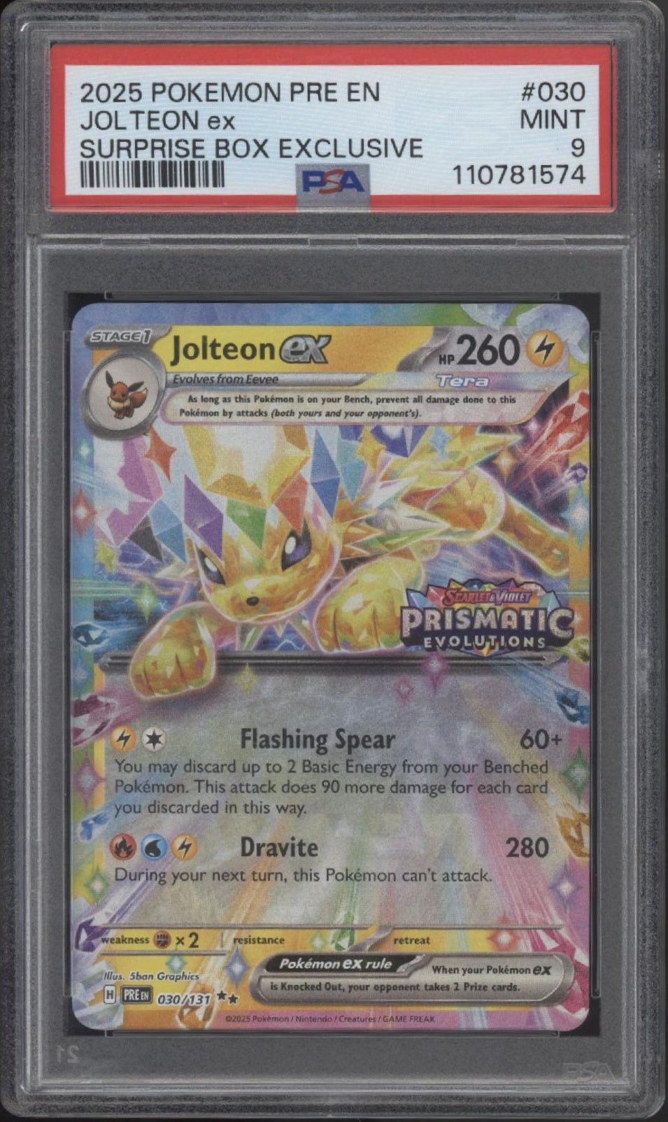 2025 Pokemon SV Prismatic Evolutions - PRE EN #030/131 Jolteon ex PSA 9 2025 Pokemon SV Prismatic Evolutions - PRE EN #030/131 Jolteon ex PSA 9