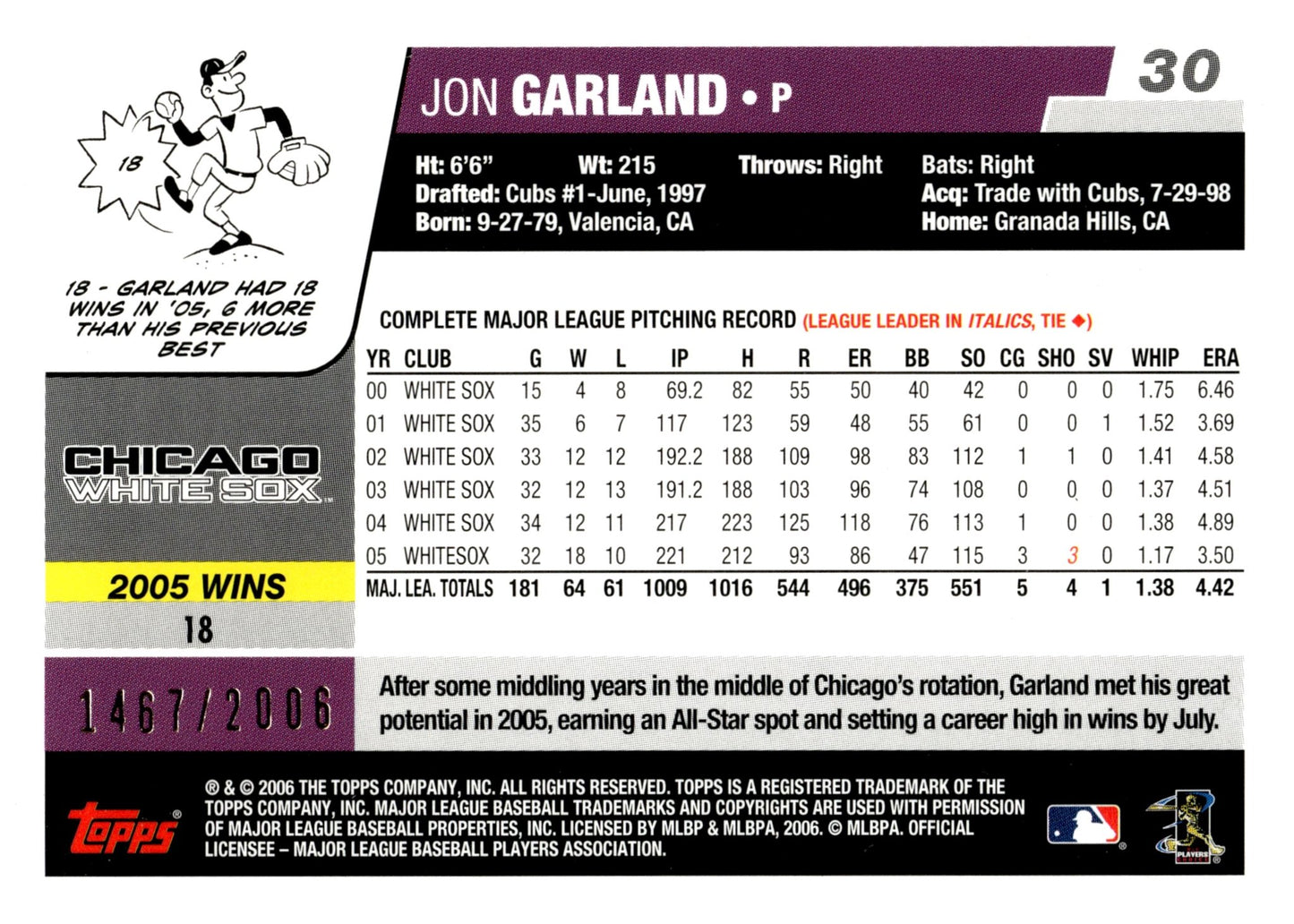 Jon Garland 2006 Topps 1467/2006 #30 - Collector Store LLC