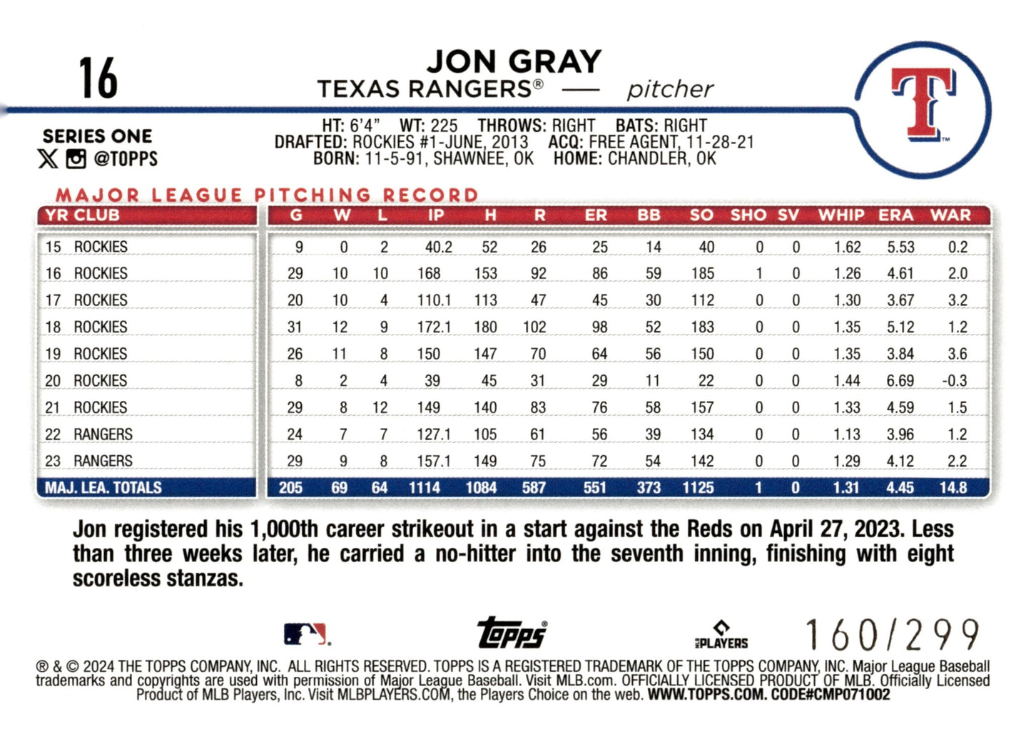 Jon Gray 2024 Topps Series 1 Orange Foilboard 160/299 #16 - Collector Store LLC