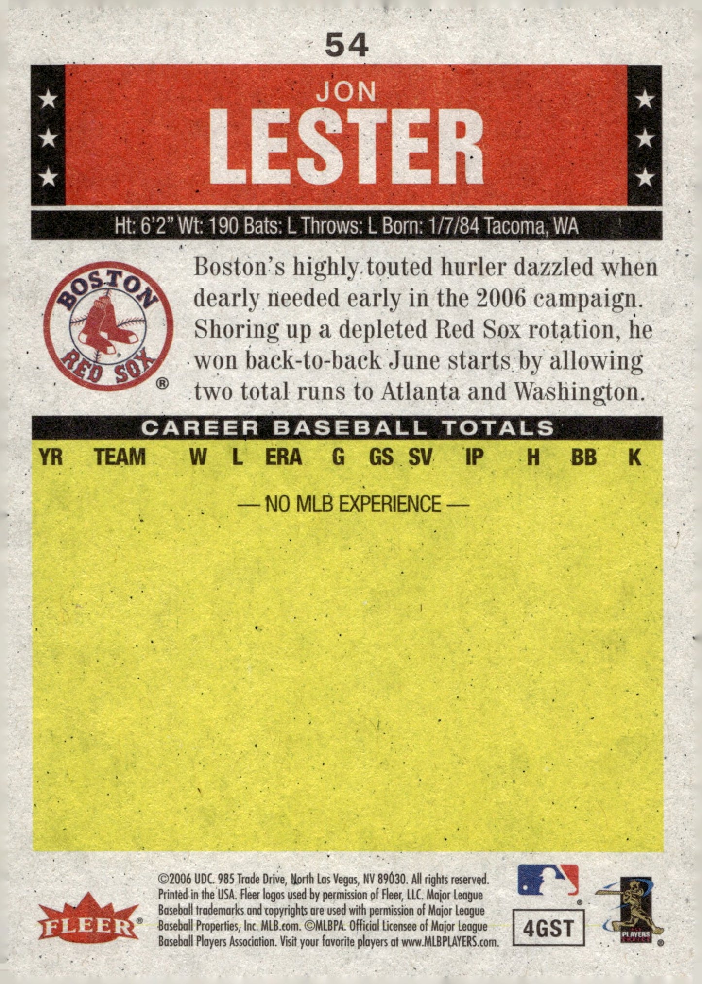 Jon Lester 2006 Fleer Tradition RC #54 - Collector Store LLC