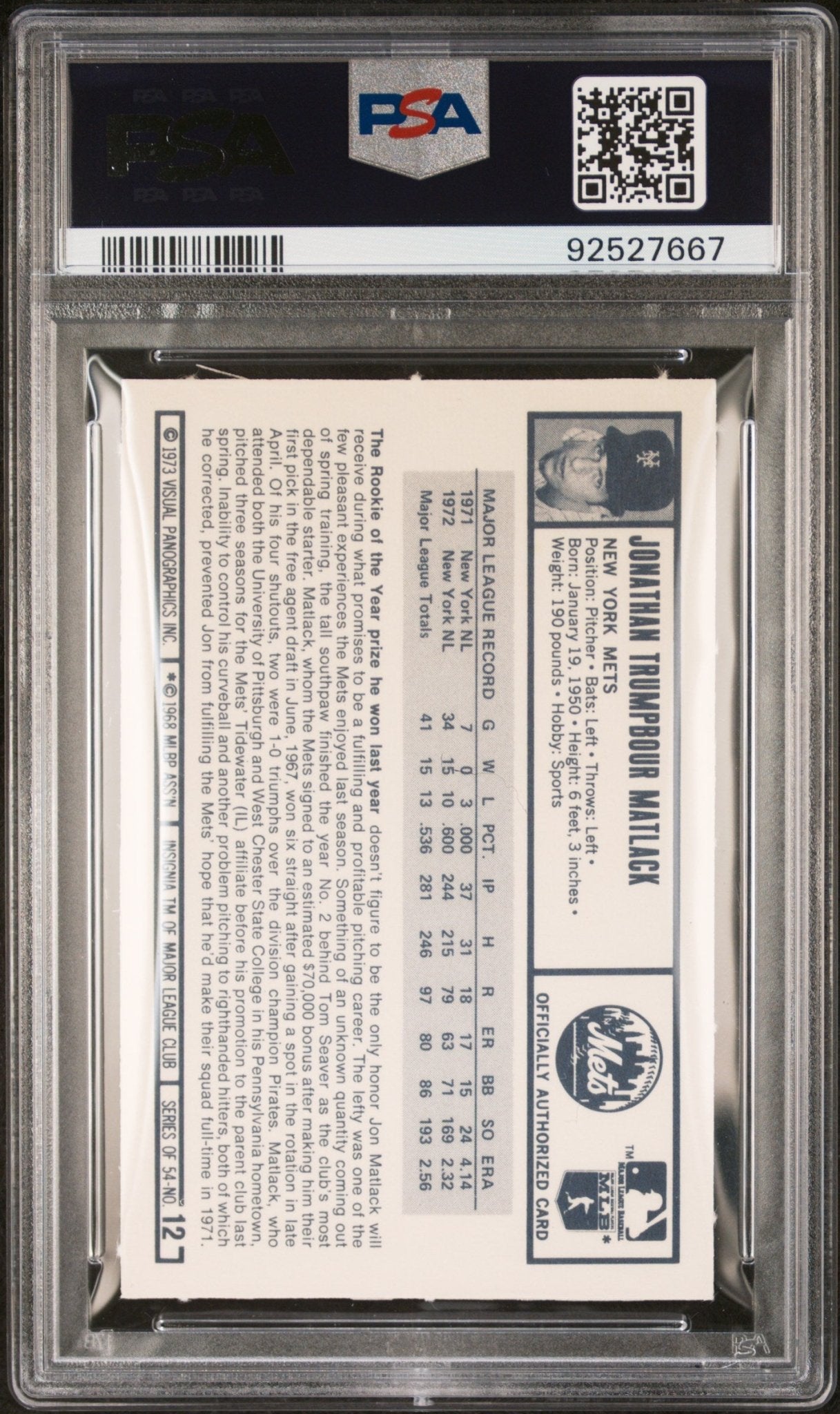 Jon Matlack 1973 Kellogg's #12 PSA 9 - Collector Store LLC