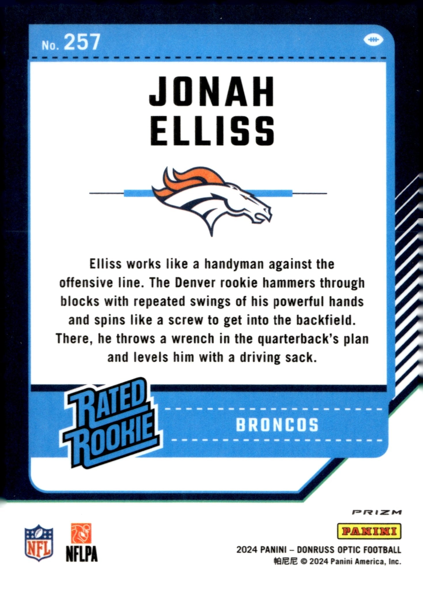 Jonah Elliss 2024 Panini Donruss Optic Rated Rookie Blue Scope Prizm RC 257 - Collector Store LLC