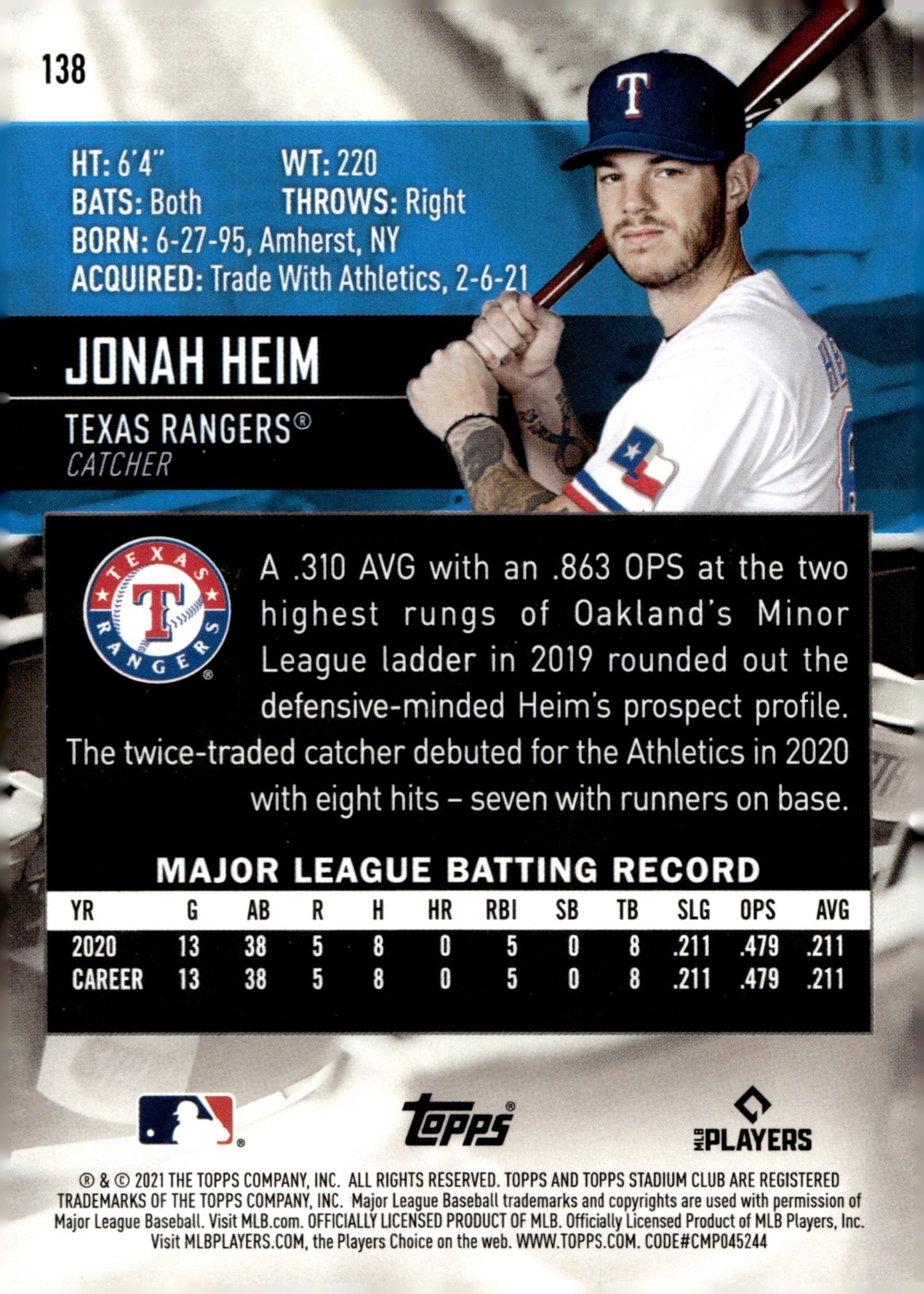 Jonah Heim 2021 Topps Stadium Club RC 138 - Collector Store LLC