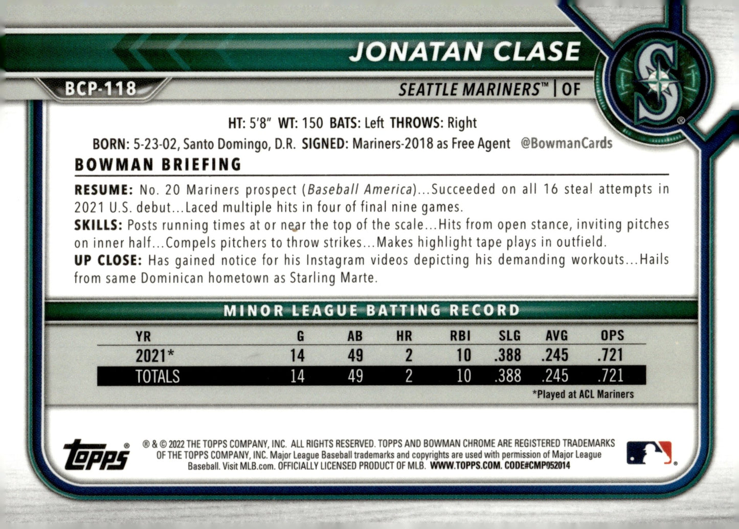 Jonatan Clase 2022 Bowman Chrome Prospects Mojo Refractor #BCP - 118 - Collector Store LLC