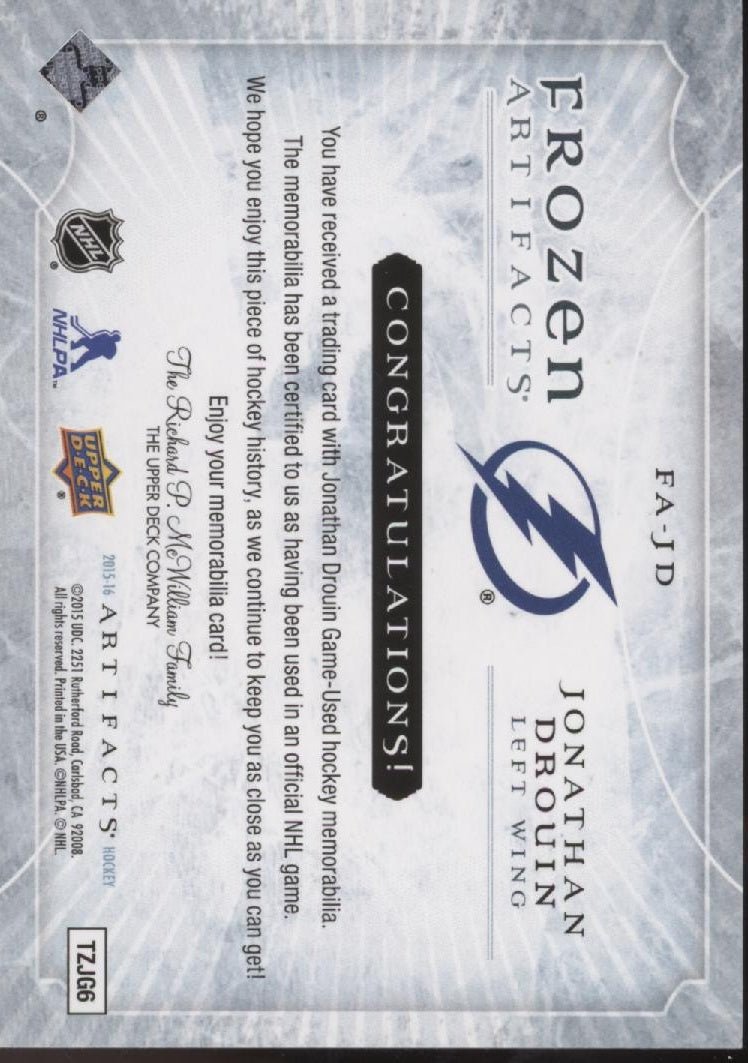 Jonathan Drouin 2015 - 16 Upper Deck Frozen Artifacts Swatch FA - JD - Collector Store LLC