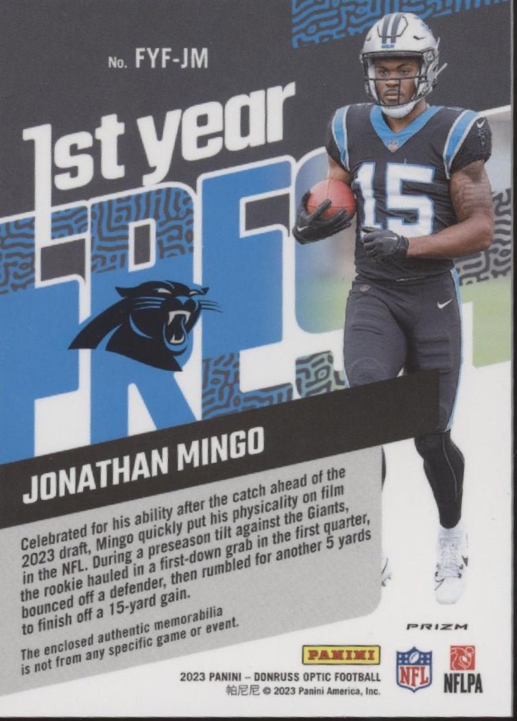 Jonathan Mingo 2023 Panini Donruss 1st Year Fresh Blue Prism Prizm Swatch RC - Collector Store LLC