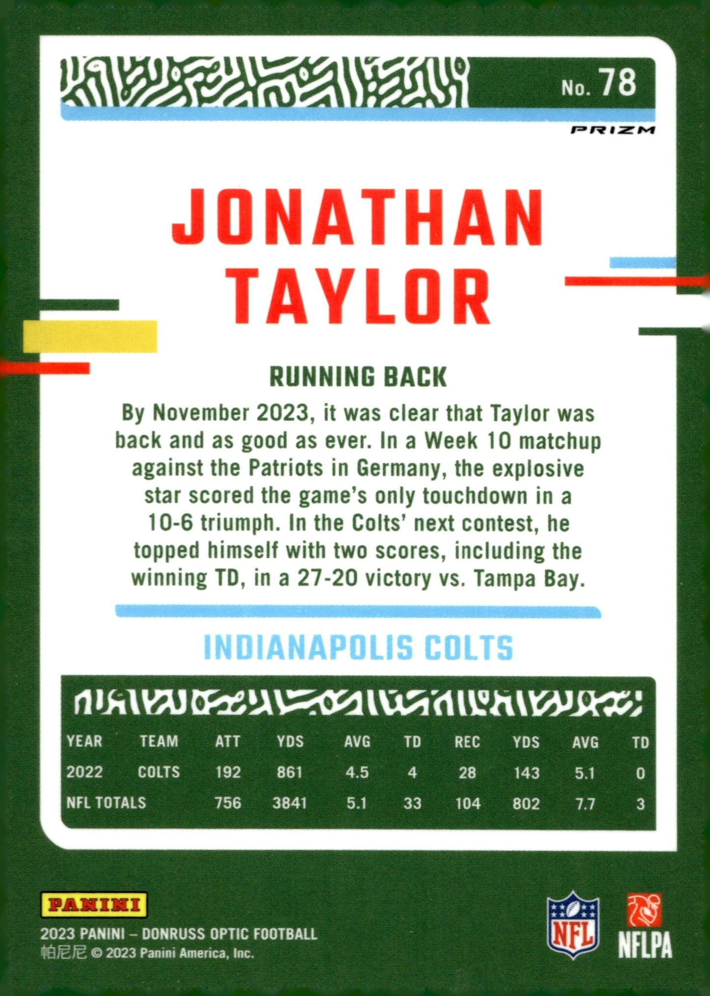 Jonthan Taylor 2023 Panini Donruss Optic Prizm #78 - Collector Store LLC