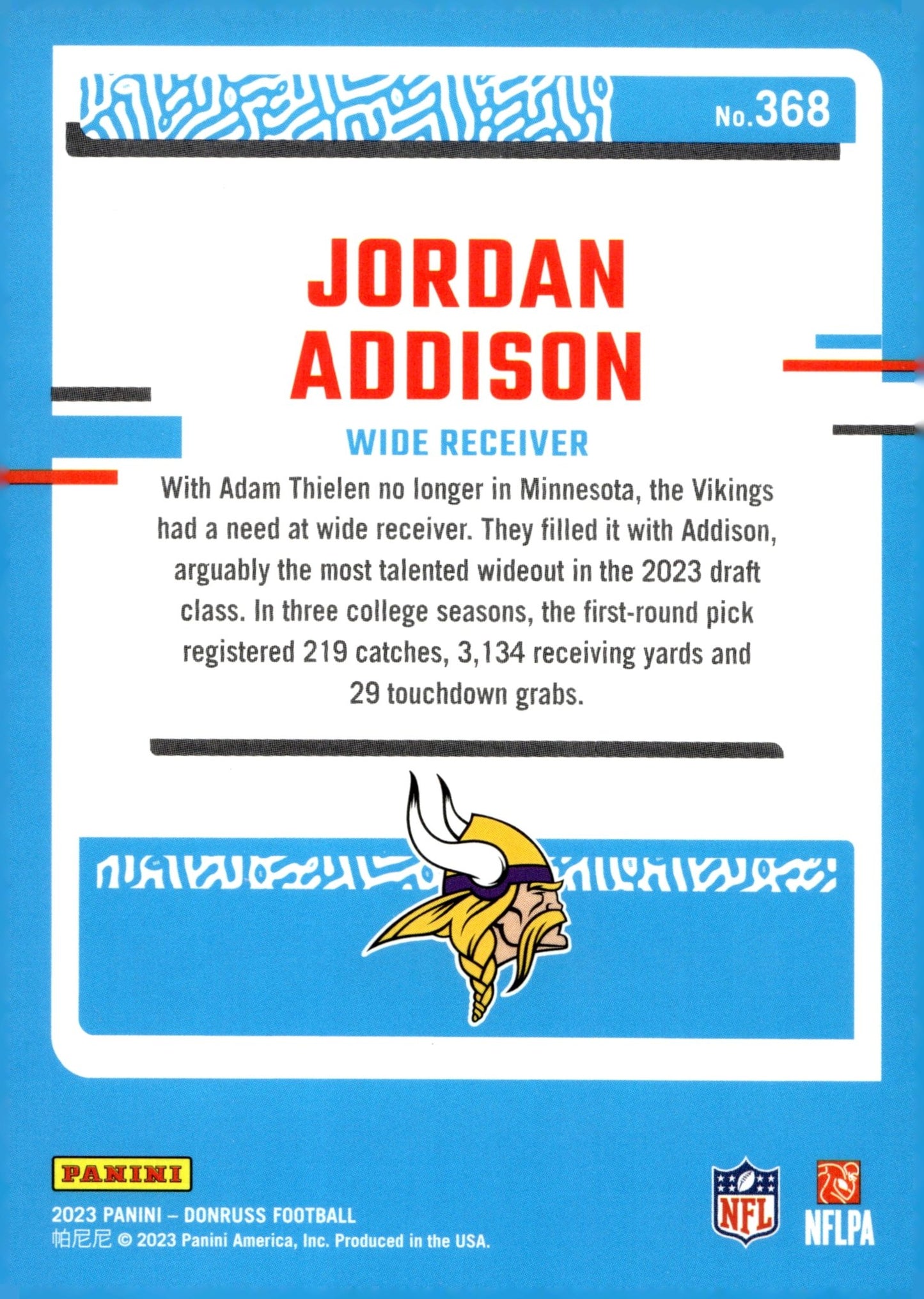 Jordan Addison 2023 Panini Donruss Rated Rookie RC #368 #1 - Collector Store LLC