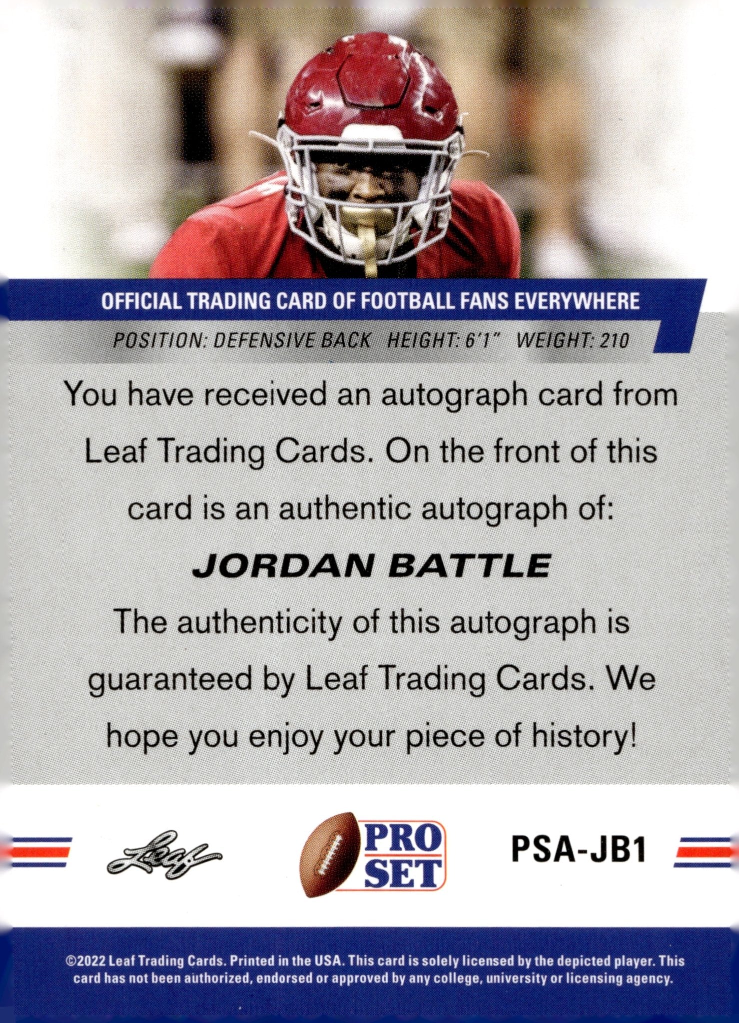 Jordan Battle 2022 Leaf Pro Set Auto #PSA - JB1 - Collector Store LLC