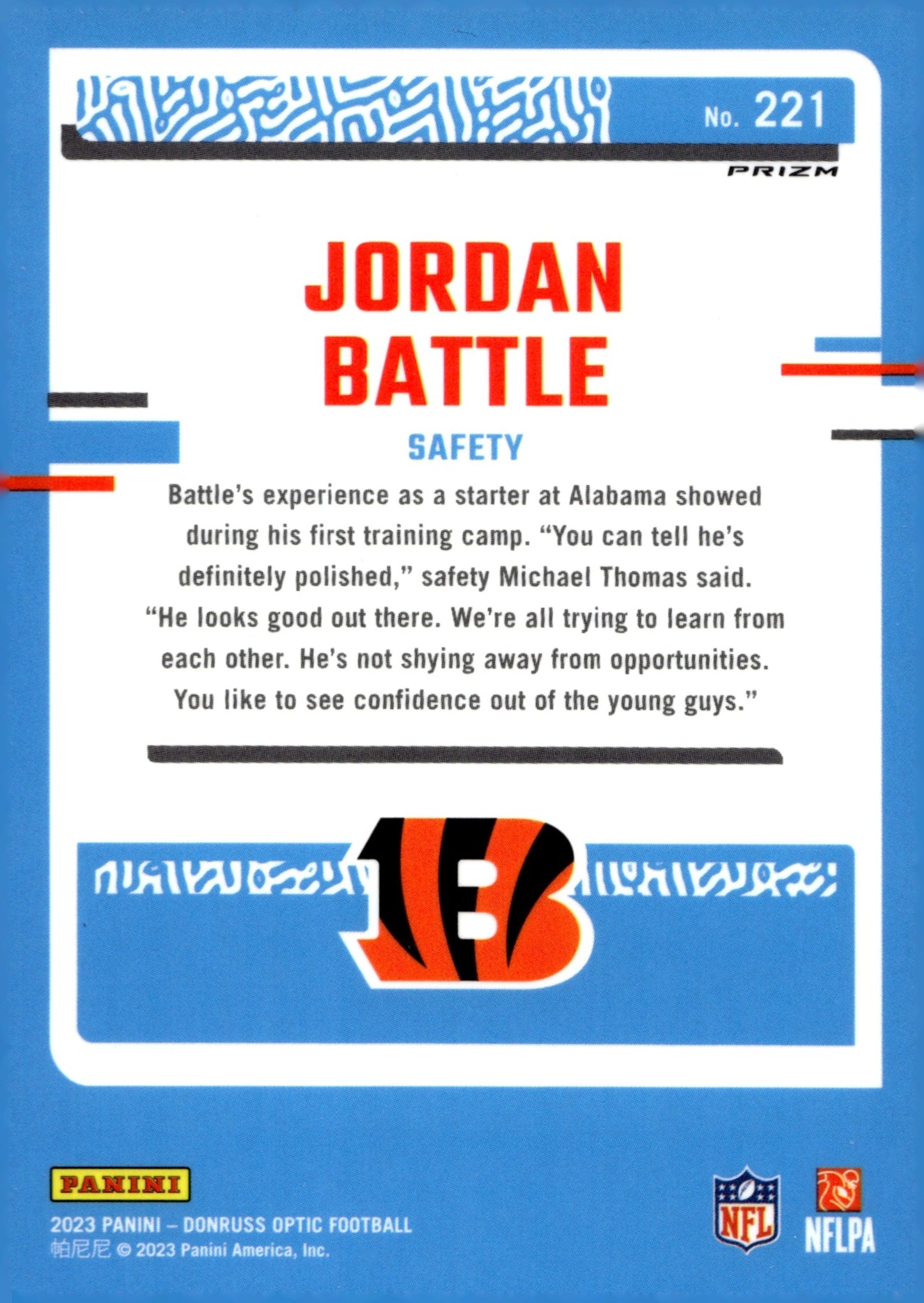 Jordan Battle 2023 Panini Donruss Optic Rated Rookie Prizm RC #221 - Collector Store LLC