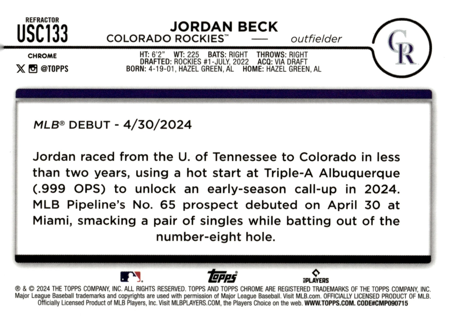 Jordan Beck 2024 Topps Chrome Hyper Refractor RC USC133 - Collector Store LLC