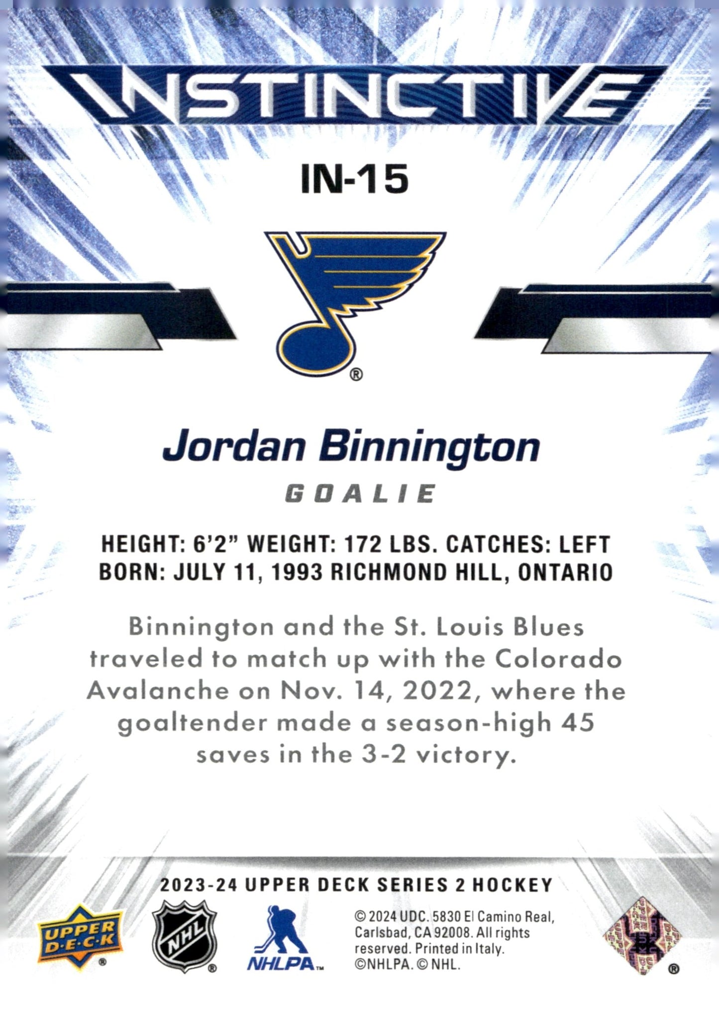 Jordan Binnington 2023 - 24 Upper Deck Series 2 Instinctive #IN - 15 - Collector Store LLC