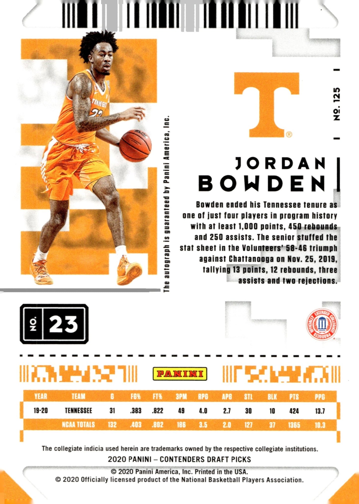 Jordan Bowden 2020 Panini Contenders Draft Picks Game Ticket Red RC Auto #125 - Collector Store LLC