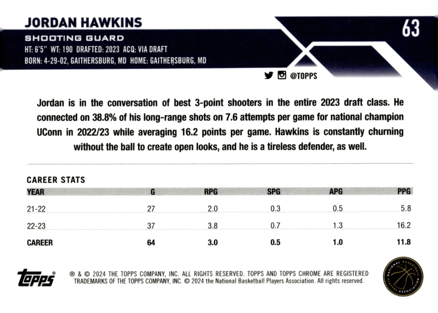 Jordan Hawkins 2024 Topps Chrome RC #63 - Collector Store LLC