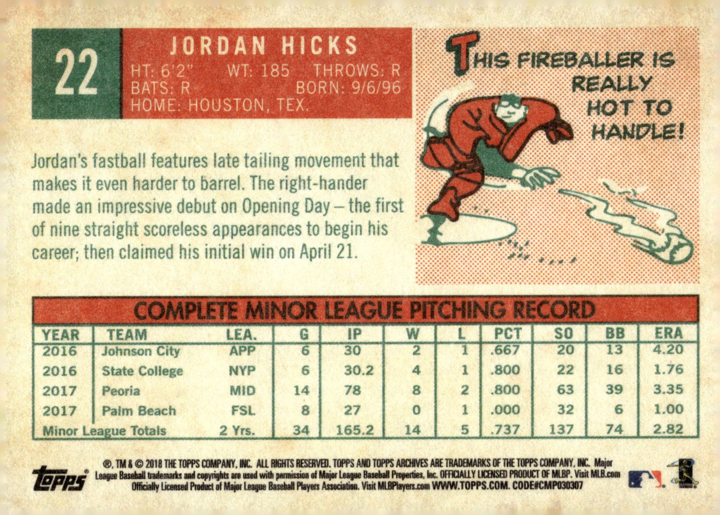 Jordan Hicks 2018 Topps Archives RC 22 - Collector Store LLC