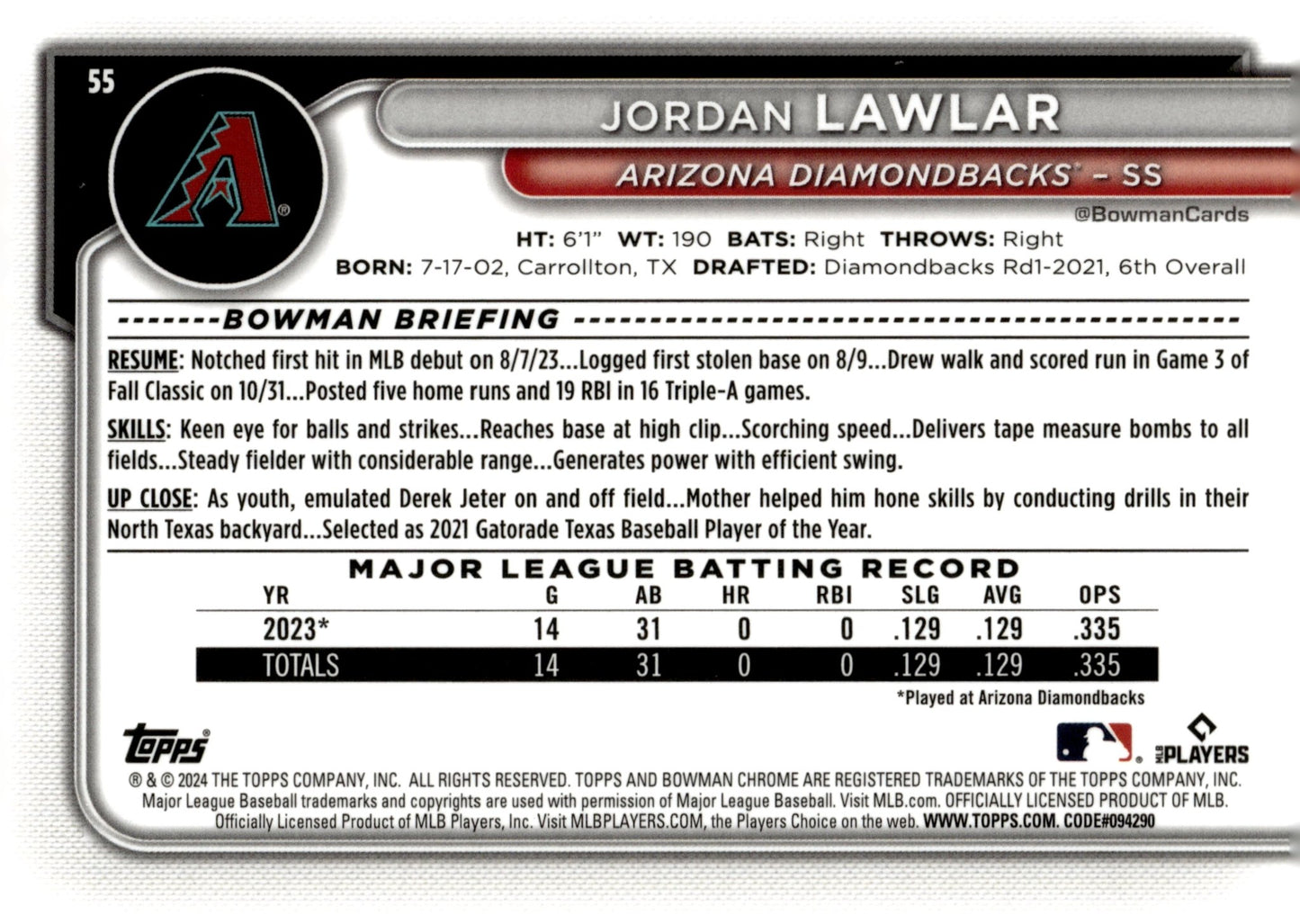 Jordan Lawlar 2024 Bowman Chrome Mojo Refractor RC #55 #1 - Collector Store LLC