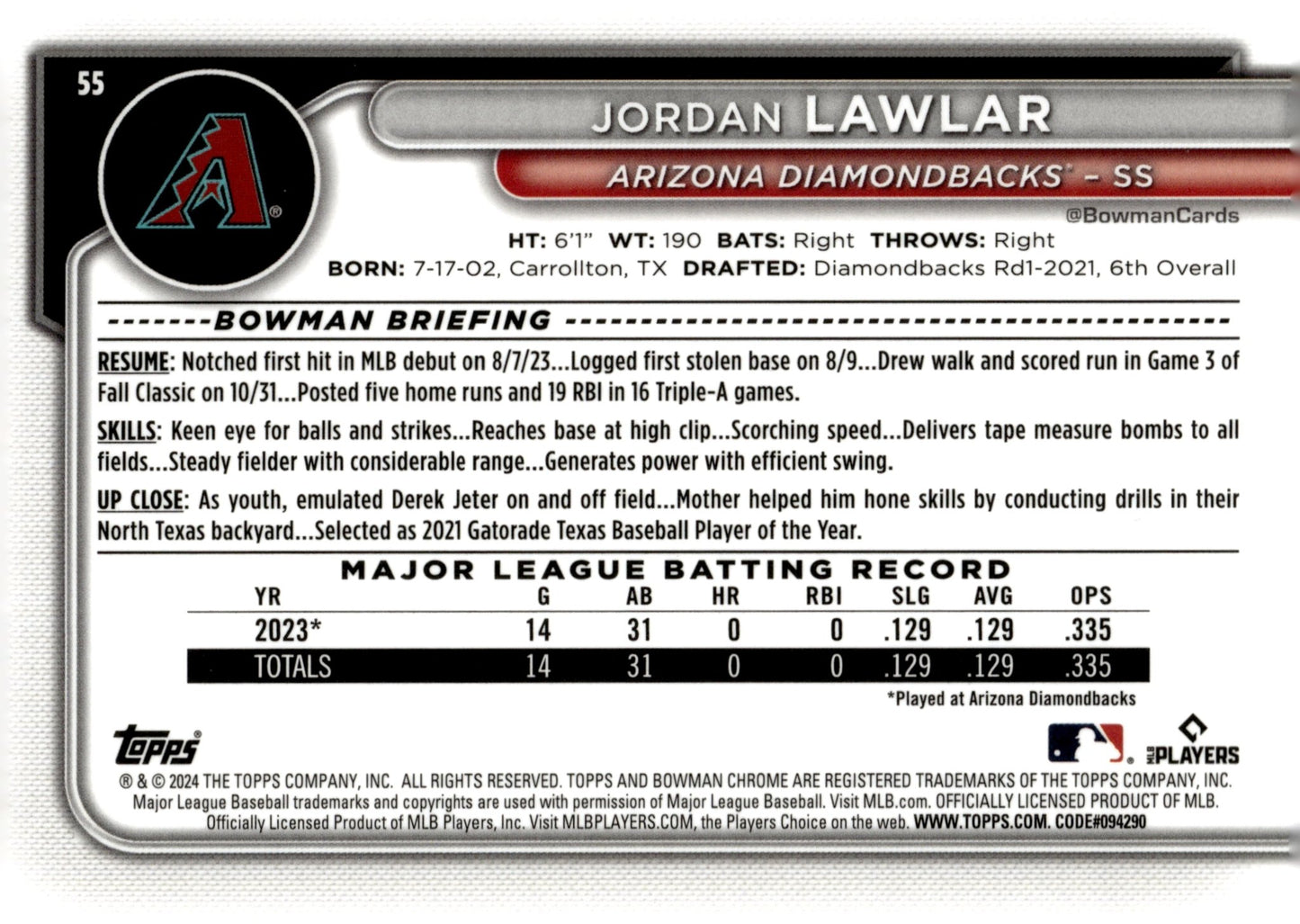 Jordan Lawlar 2024 Bowman Chrome Mojo Refractor RC #55 #2 - Collector Store LLC