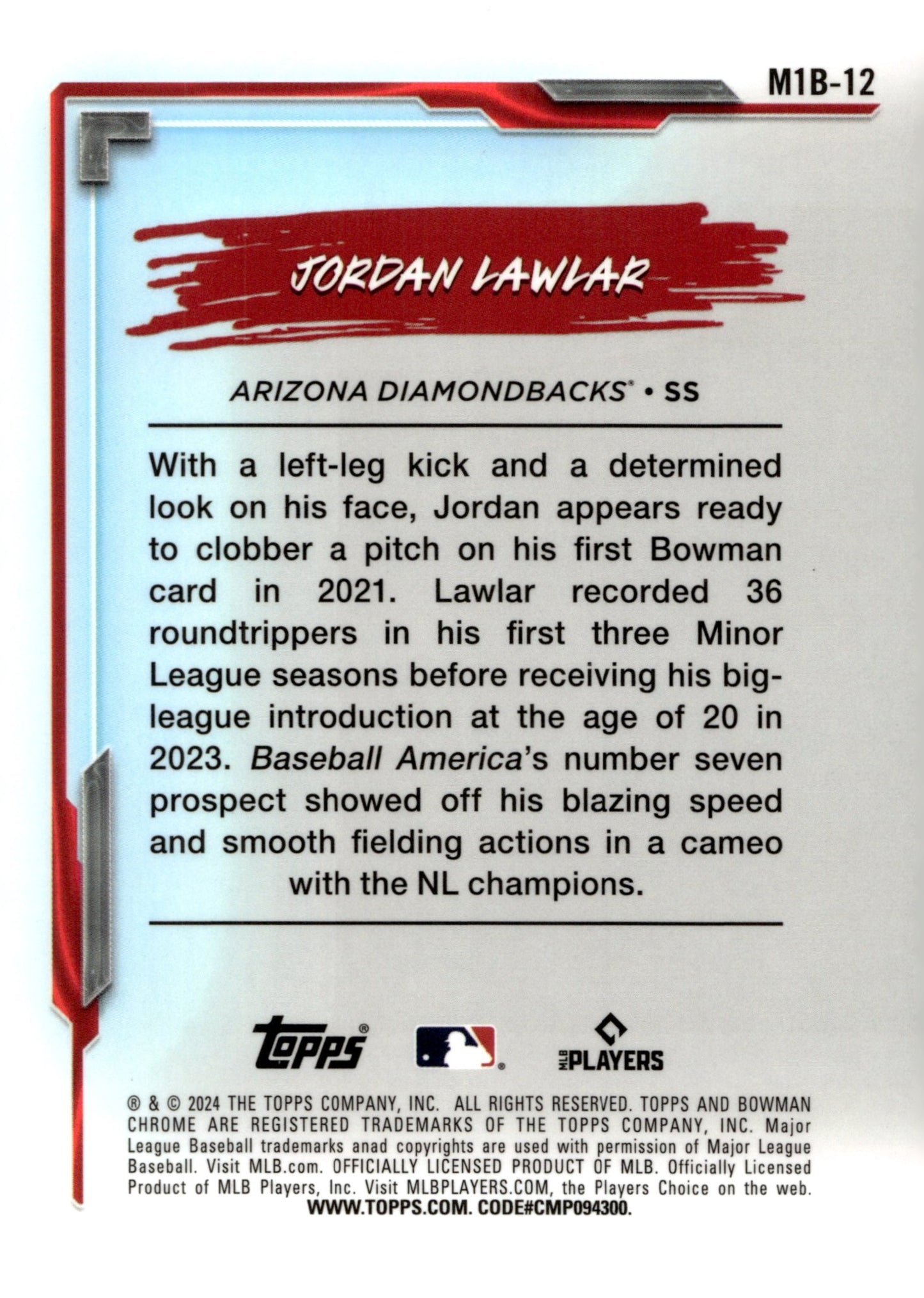 Jordan Lawlar 2024 Bowman Chrome My 1st Bowman Mojo Refractor RC M1B - 12 1 - Collector Store LLC