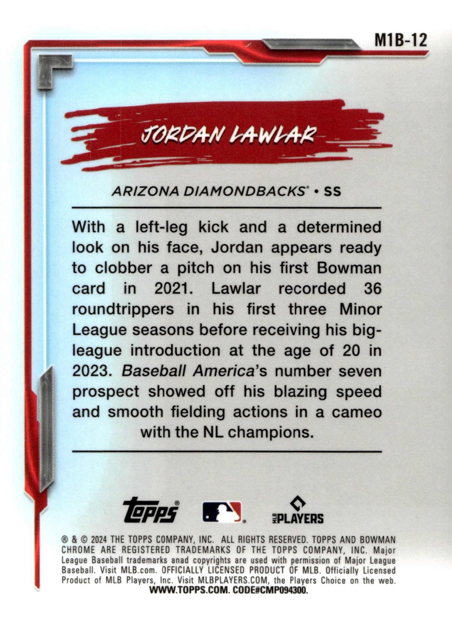Jordan Lawlar 2024 Bowman Chrome My 1st Bowman Mojo Refractor RC M1B - 12 2 - Collector Store LLC