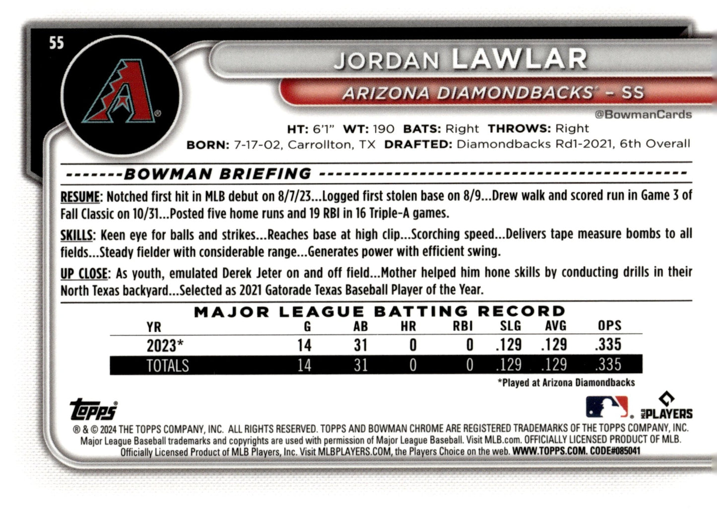Jordan Lawlar 2024 Bowman Chrome RC 55 - Collector Store LLC