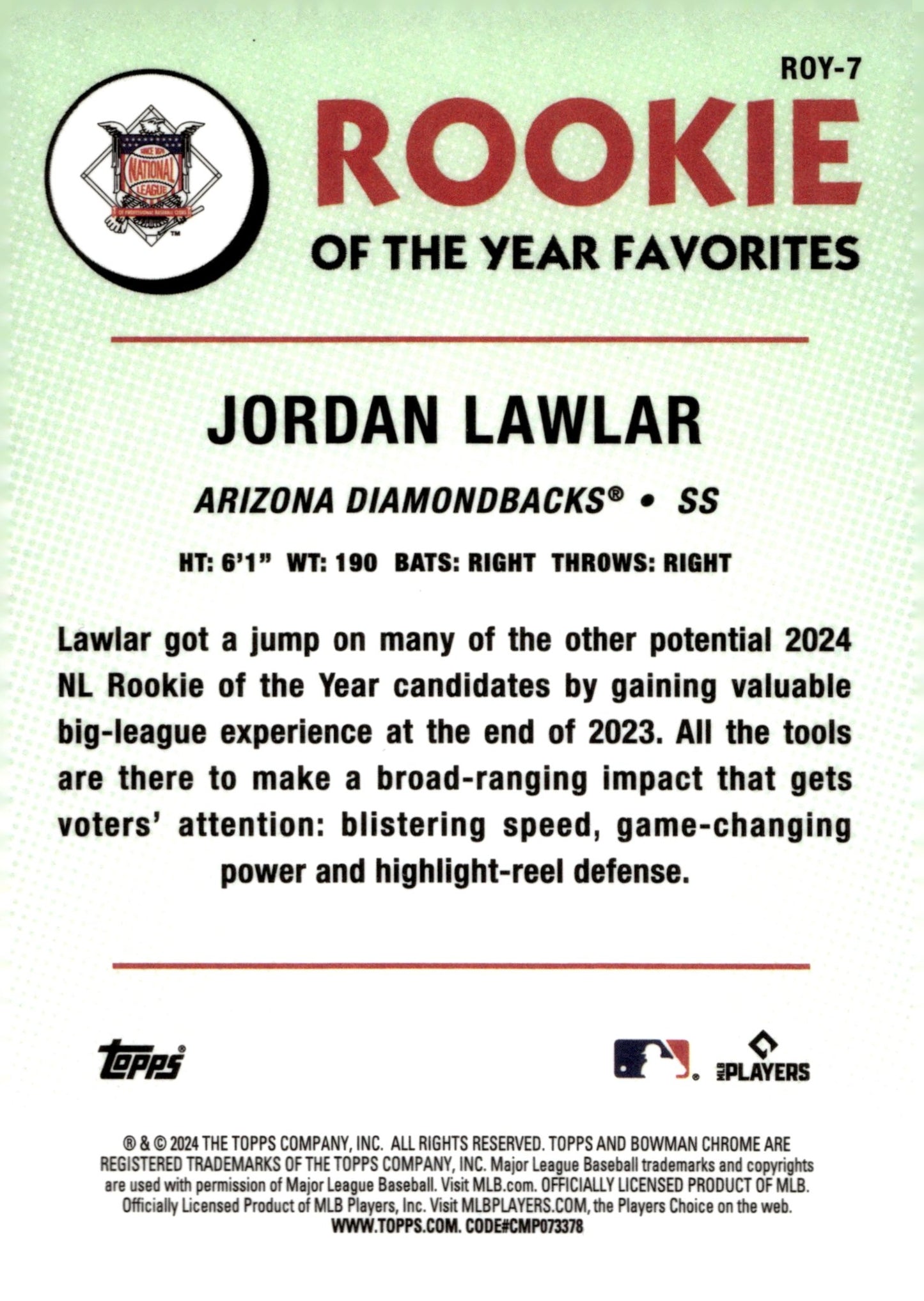 Jordan Lawlar 2024 Bowman Chrome Rookie of the Year Favorites Green Mojo RC #2 - Collector Store LLC